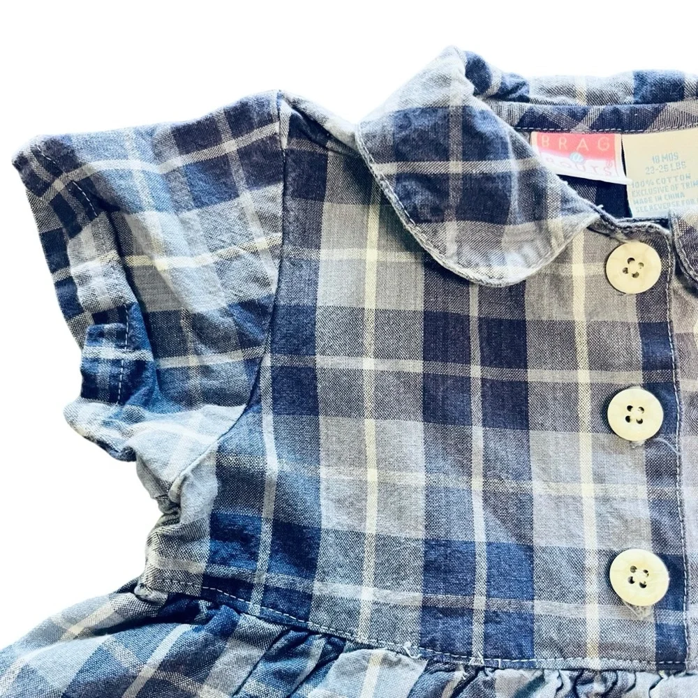 Vintage 90s/00s Baby Dress Blue Plaid Short Sleeve with Flower size 18 months